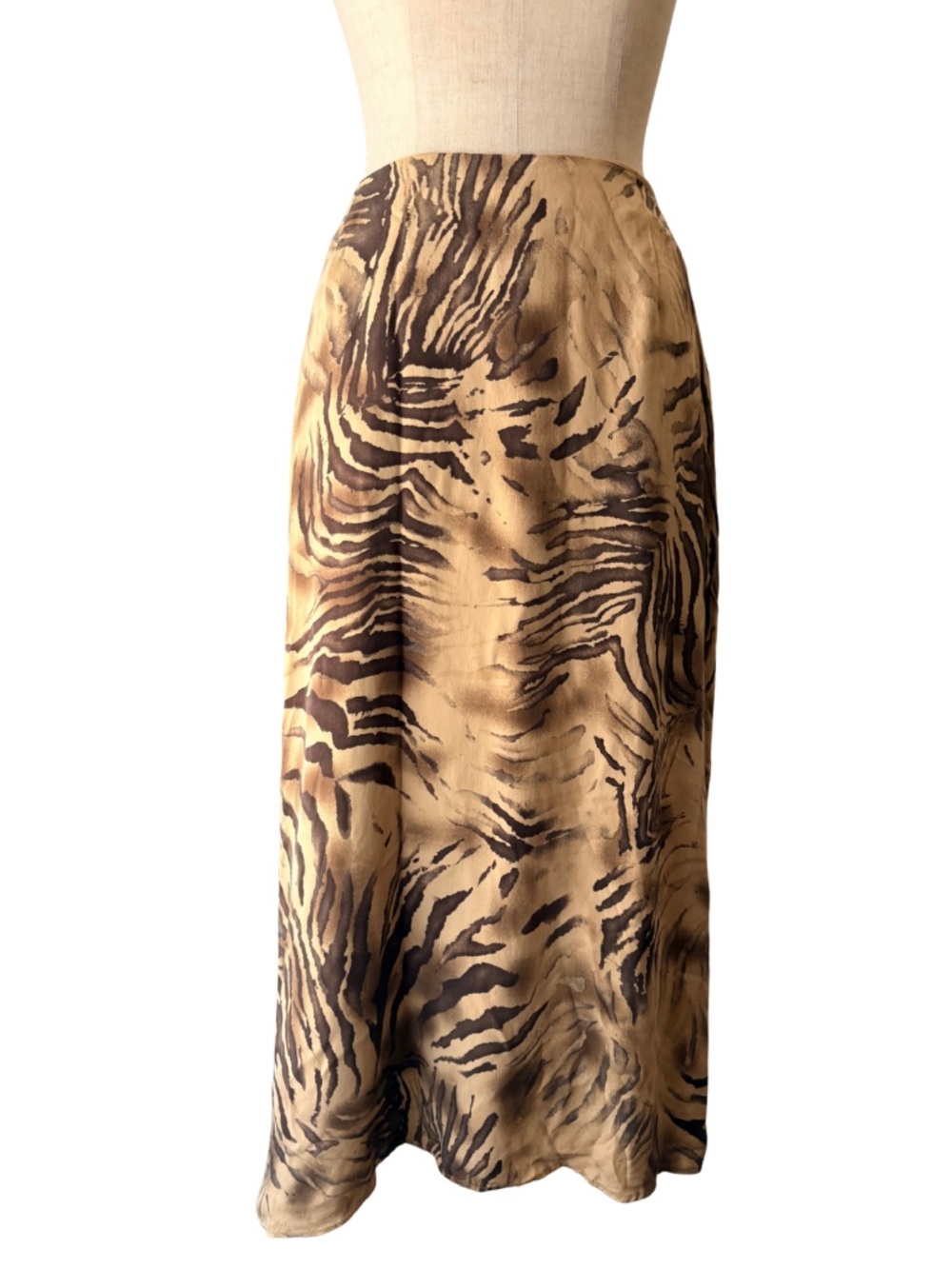 Josephine Chaus 100% Silk VTG Zebra Tiger Print Pattern Zip Maxi Skirt Brown Tan